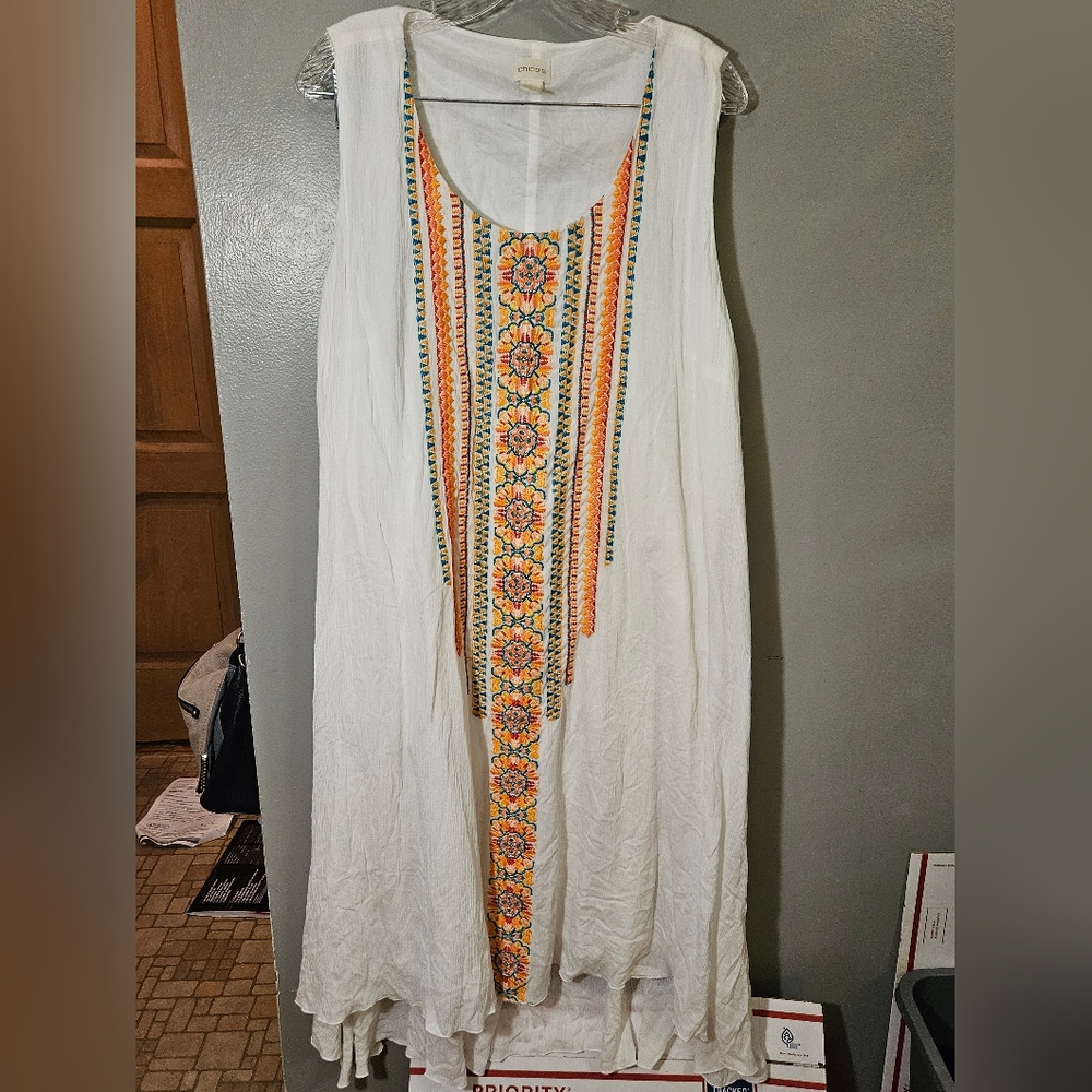 Chico's White Dress with Orange and Yellow Embroidery